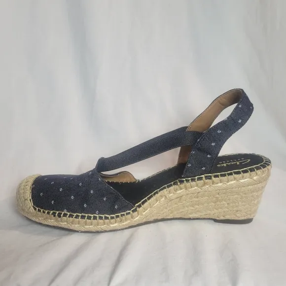 Women's Clarks Petrina Kaelie Black White Polka Dot Espadrille Wedge Sandals Sz9