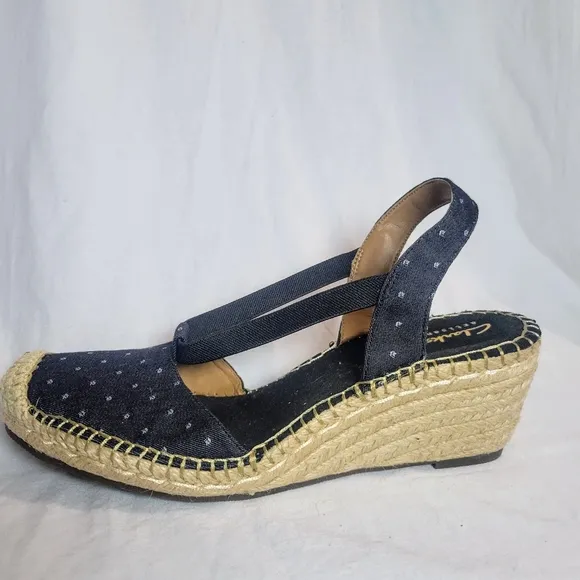 Women's Clarks Petrina Kaelie Black White Polka Dot Espadrille Wedge Sandals Sz9