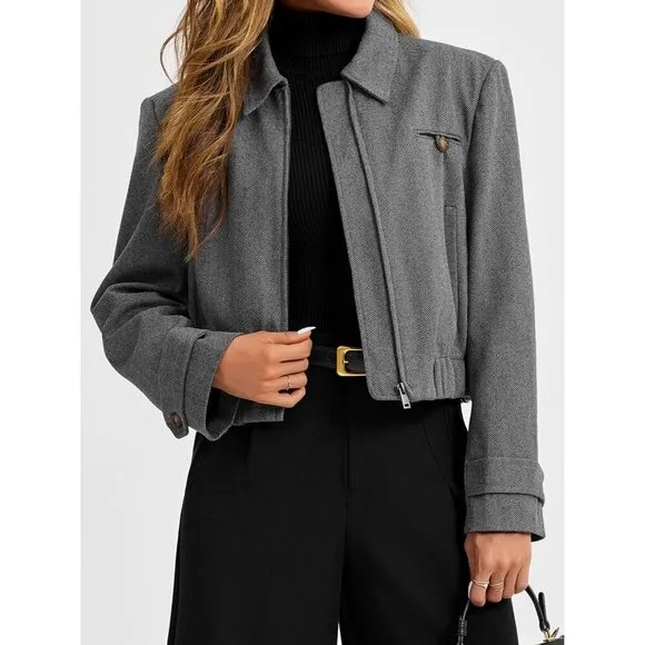Womens Cropped Tweed Blazer Fall Dressy Zip Up Work Office Jacket Outerwear