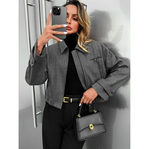 Womens Cropped Tweed Blazer Fall Dressy Zip Up Work Office Jacket Outerwear