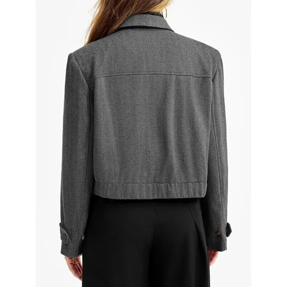 Womens Cropped Tweed Blazer Fall Dressy Zip Up Work Office Jacket Outerwear