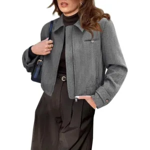 Womens Cropped Tweed Blazer Fall Dressy Zip Up Work Office Jacket Outerwear