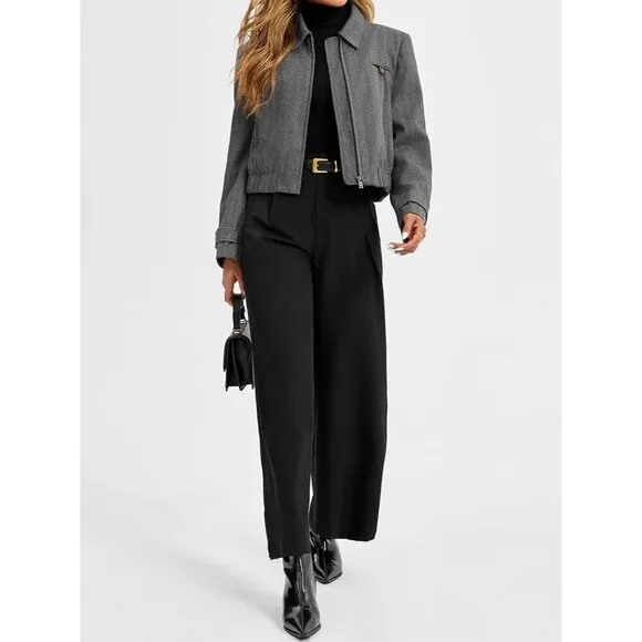 Womens Cropped Tweed Blazer Fall Dressy Zip Up Work Office Jacket Outerwear