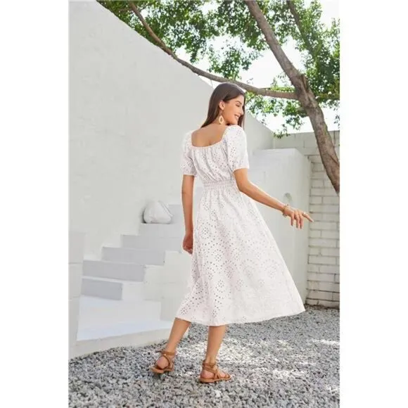 Women's Eyelet Dress Summer Square Neck Short Puff Sleeve Casual Midi Dress