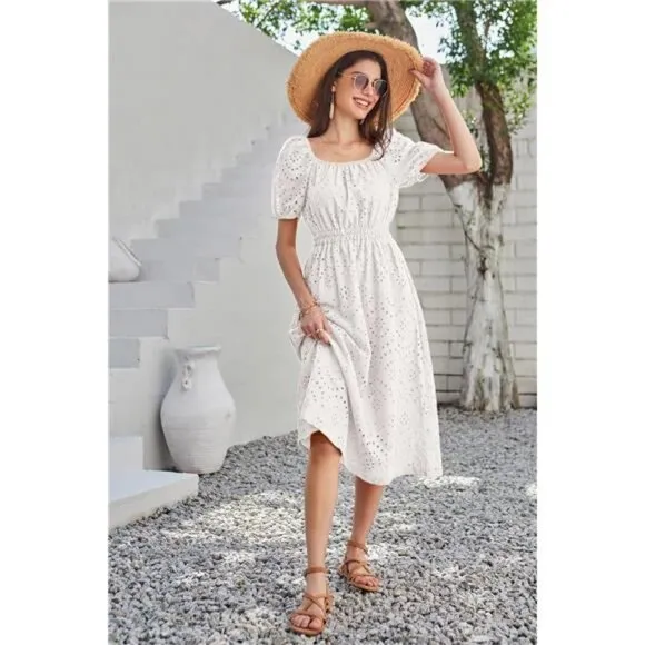Women's Eyelet Dress Summer Square Neck Short Puff Sleeve Casual Midi Dress