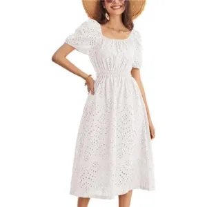 Women's Eyelet Dress Summer Square Neck Short Puff Sleeve Casual Midi Dress