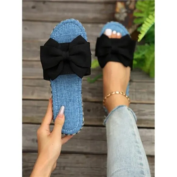 Women's Fashion Satin Bow Decoration  Bottom Fisherman Style Sandals