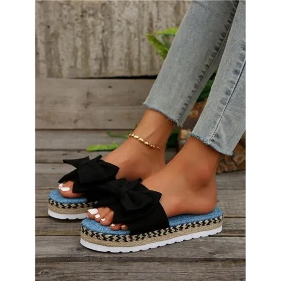 Women's Fashion Satin Bow Decoration  Bottom Fisherman Style Sandals