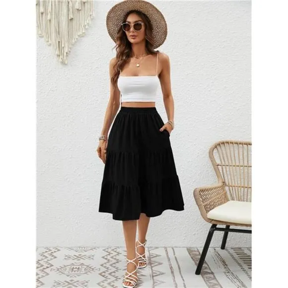 Women's Floral Midi Skirt with Pockets High Elastic Waist Flowy Ruffle