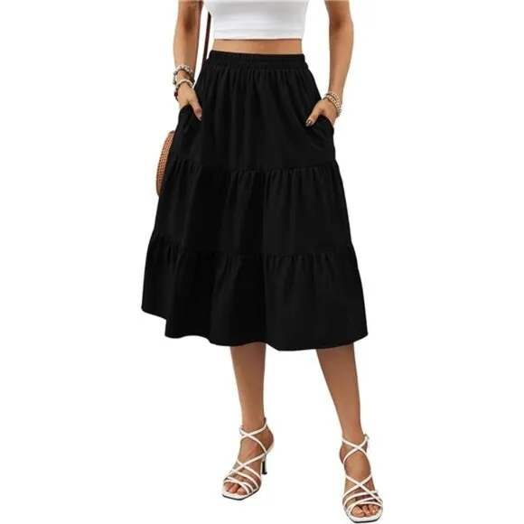 Women's Floral Midi Skirt with Pockets High Elastic Waist Flowy Ruffle