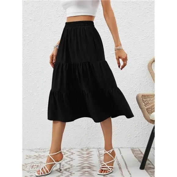 Women's Floral Midi Skirt with Pockets High Elastic Waist Flowy Ruffle