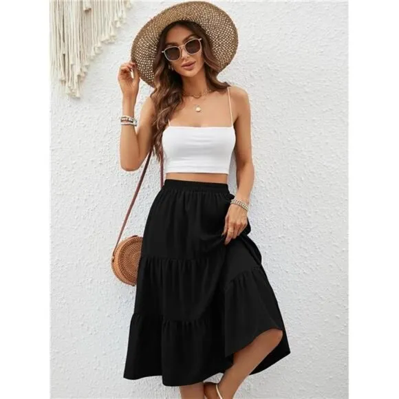 Women's Floral Midi Skirt with Pockets High Elastic Waist Flowy Ruffle