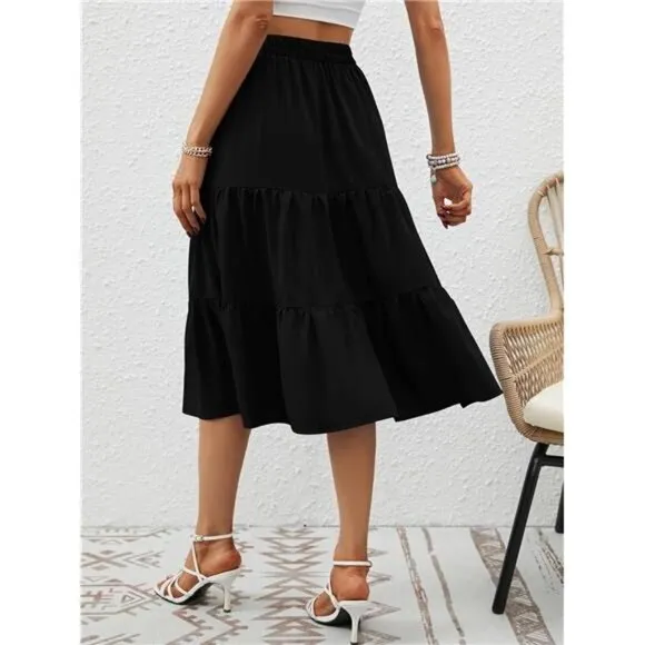 Women's Floral Midi Skirt with Pockets High Elastic Waist Flowy Ruffle