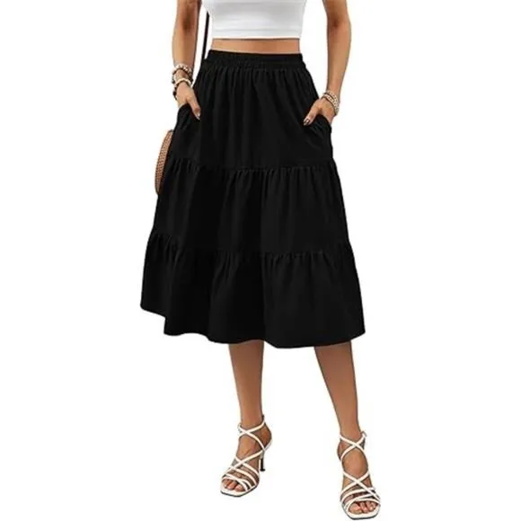 Women's Floral Midi Skirt with Pockets High Elastic Waist Flowy Ruffle