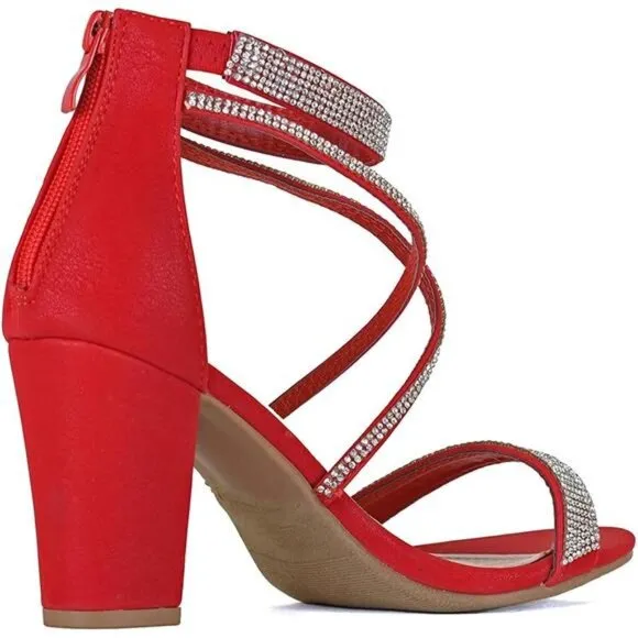 Women's Formal Rhinestone 3&quot; High Heel Sandal Ankle Strap, Faux Leather Sole Red