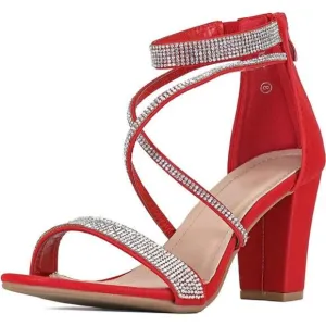 Women's Formal Rhinestone 3&quot; High Heel Sandal Ankle Strap, Faux Leather Sole Red