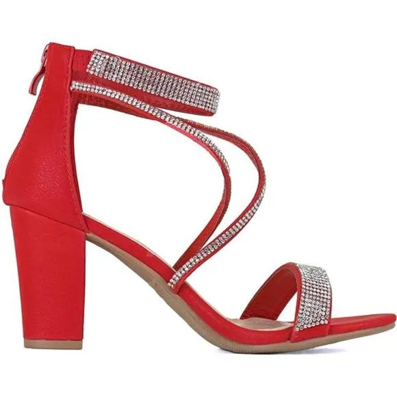 Women's Formal Rhinestone 3&quot; High Heel Sandal Ankle Strap, Faux Leather Sole Red
