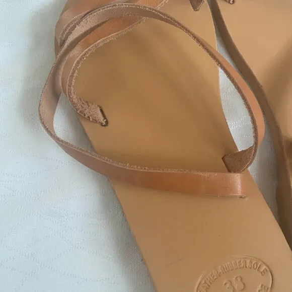 Women's Greek Leather Strappy Sandals Tan Beige Ankle Wrap Size EU 38 US 7.5