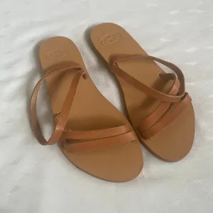 Women's Greek Leather Strappy Sandals Tan Beige Ankle Wrap Size EU 38 US 7.5