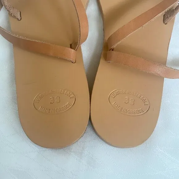 Women's Greek Leather Strappy Sandals Tan Beige Ankle Wrap Size EU 38 US 7.5