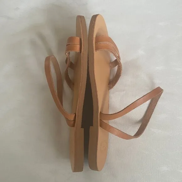 Women's Greek Leather Strappy Sandals Tan Beige Ankle Wrap Size EU 38 US 7.5