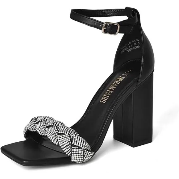 Women's Heels for Women Braided Open Toe Black Ankle Strap High Block Heel