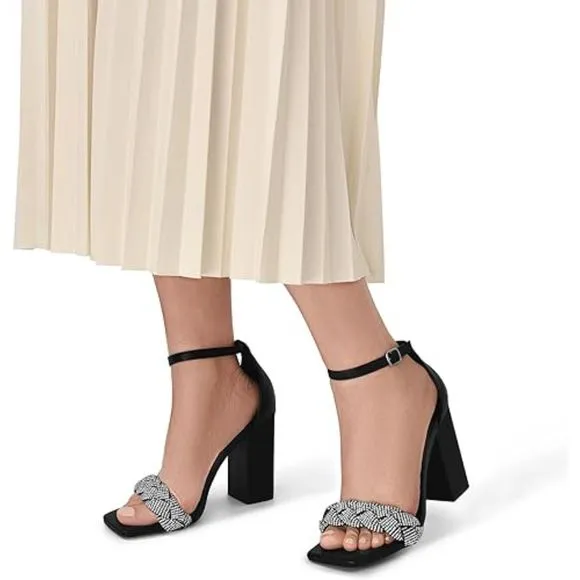 Women's Heels for Women Braided Open Toe Black Ankle Strap High Block Heel