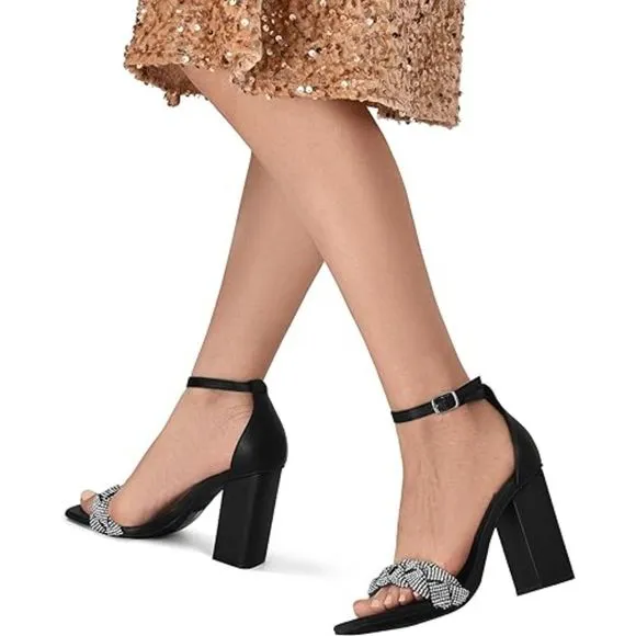 Women's Heels for Women Braided Open Toe Black Ankle Strap High Block Heel