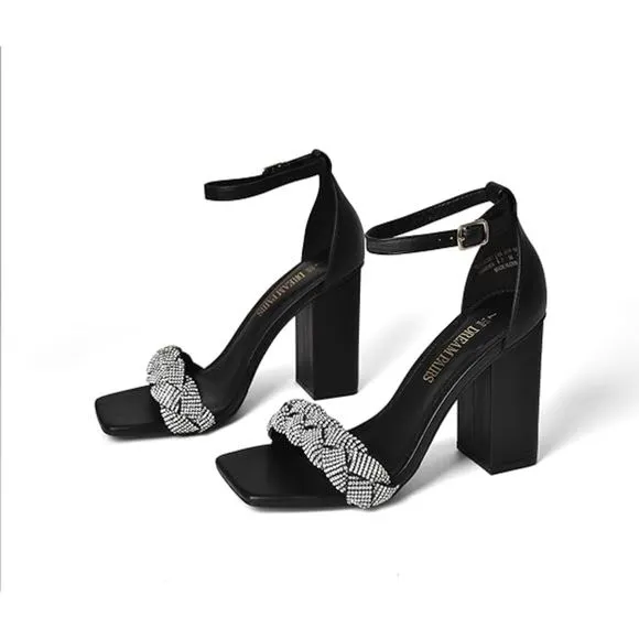 Women's Heels for Women Braided Open Toe Black Ankle Strap High Block Heel