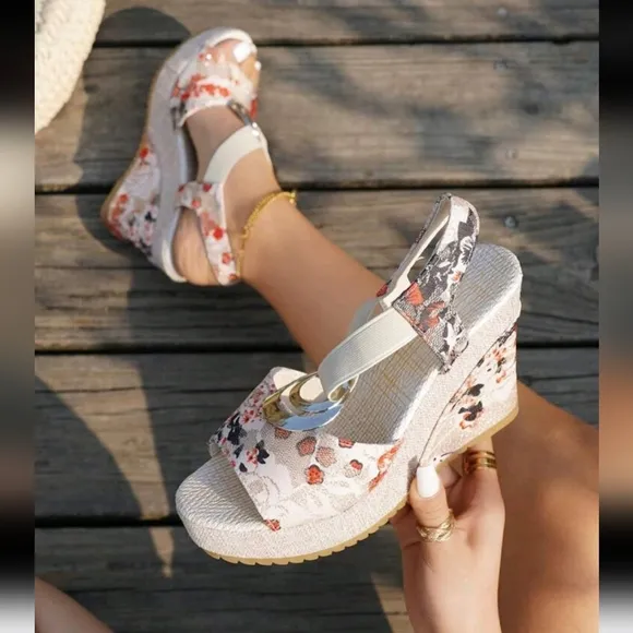 Women's Metal Decor Printed Wedge Sandals, Fashion Summer Comfortable Fabric
