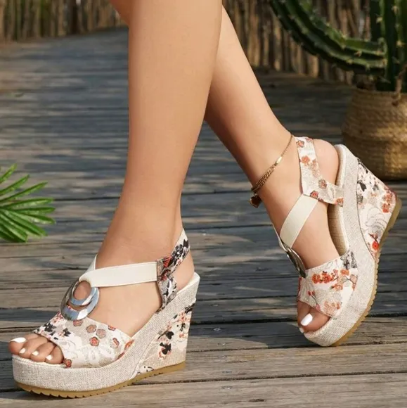 Women's Metal Decor Printed Wedge Sandals, Fashion Summer Comfortable Fabric