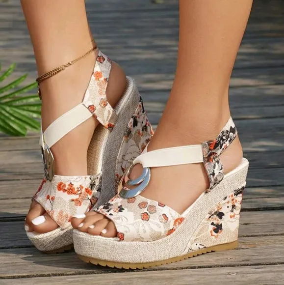 Women's Metal Decor Printed Wedge Sandals, Fashion Summer Comfortable Fabric