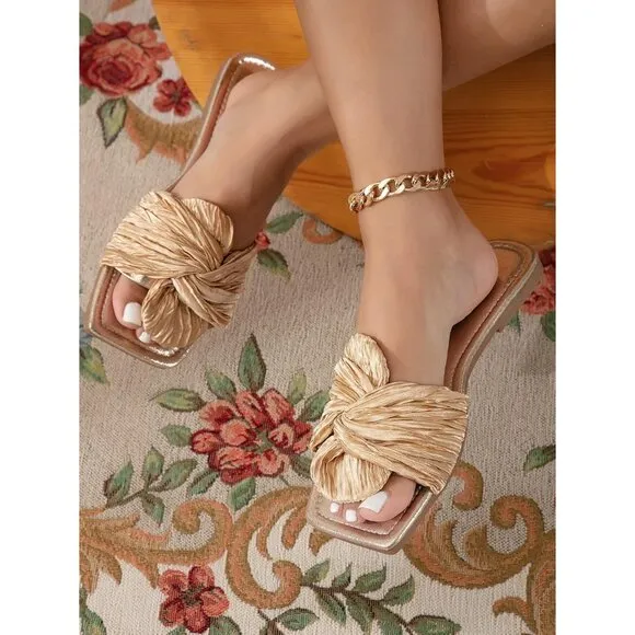 Women's Metallic Gold Twist Front Open Toe Flat Sandals Fashion Slide Sandals