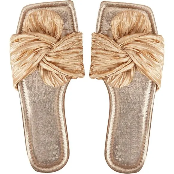 Women's Metallic Gold Twist Front Open Toe Flat Sandals Fashion Slide Sandals