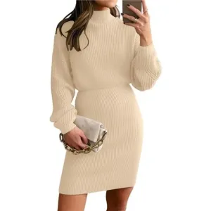 Women's Mock Neck Trendy Lantern Sleeve Sweater Dress Apricot