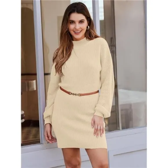Women's Mock Neck Trendy Lantern Sleeve Sweater Dress Apricot