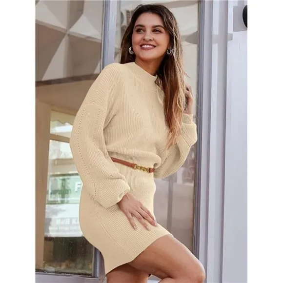 Women's Mock Neck Trendy Lantern Sleeve Sweater Dress Apricot