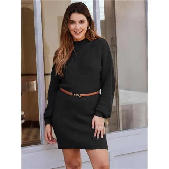 Women's Mock Neck Trendy Lantern Sleeve Sweater Dress Black