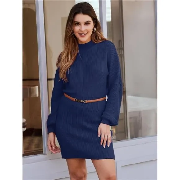 Women's Mock Neck Trendy Lantern Sleeve Sweater Dress Navy Blue