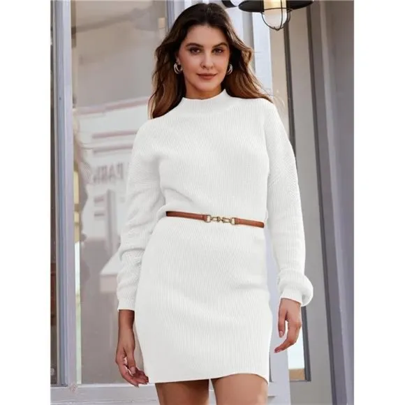 Women's Mock Neck Trendy Lantern Sleeve Sweater Dress White