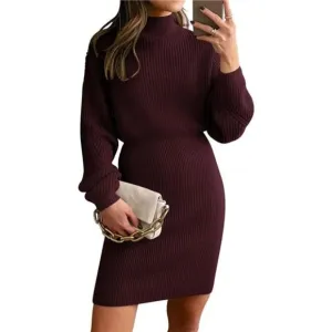 Women's Mock Neck Trendy Lantern Sleeve Sweater Dress Wine Re