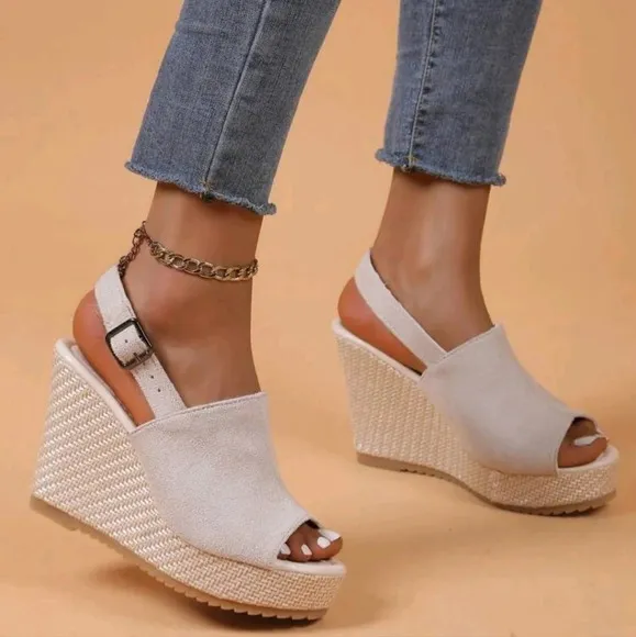 Women's Platform Wedge Sandals, Peep Toe Buckle Strap Slingback Shoes