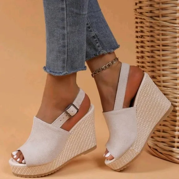Women's Platform Wedge Sandals, Peep Toe Buckle Strap Slingback Shoes