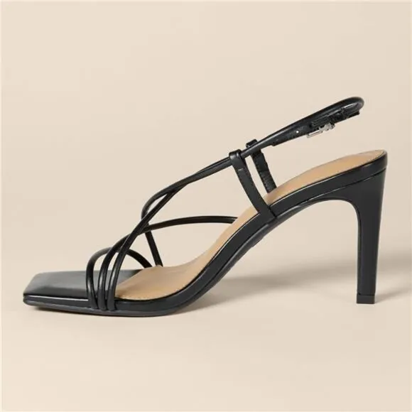 Women's Strappy Stiletto Heel Sandals Black Faux Leather