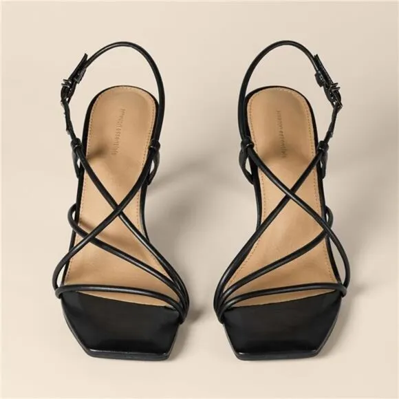 Women's Strappy Stiletto Heel Sandals Black Faux Leather