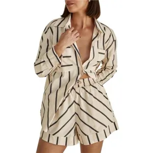 Women's Striped 2 Piece Lounge Pajamas Set Casual Oversized Button Down Shirt