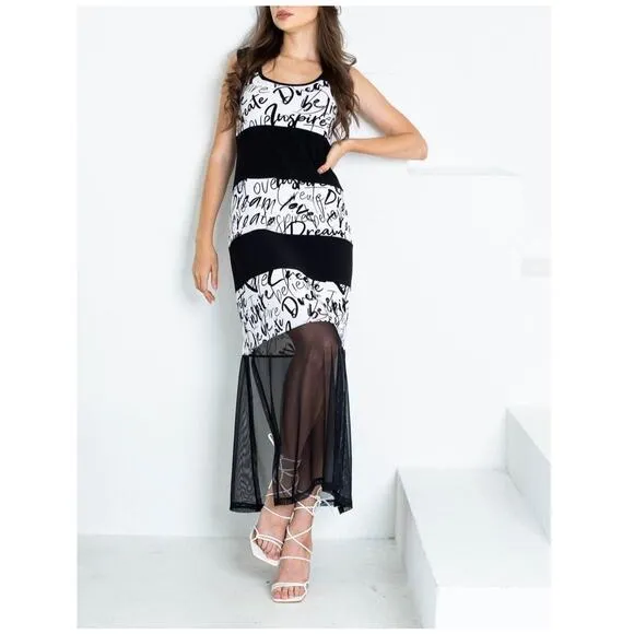 Womens Tank Maxi Dress Size M Black White Sheer Script NWT Artex Fashions