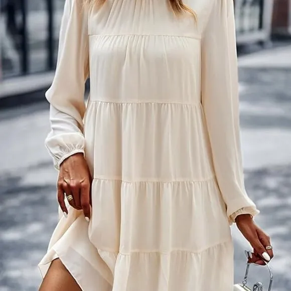Women's Tunic Long Sleeve‎ Ruffle Mock Neck Tiered Mini Babydoll Dress