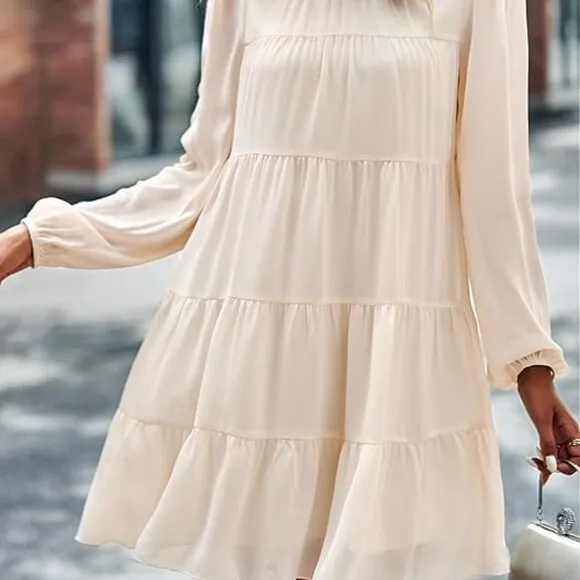 Women's Tunic Long Sleeve‎ Ruffle Mock Neck Tiered Mini Babydoll Dress