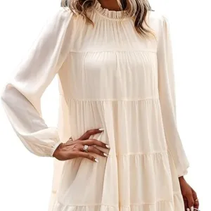 Women's Tunic Long Sleeve‎ Ruffle Mock Neck Tiered Mini Babydoll Dress